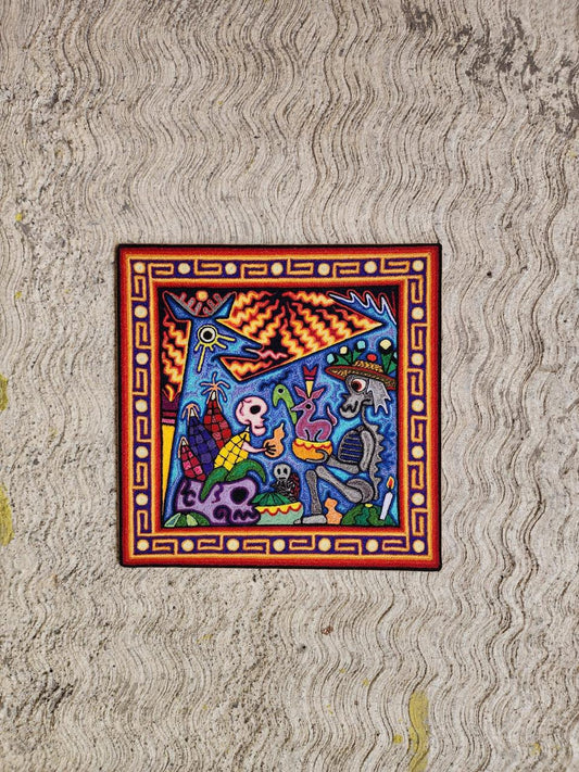 Mexican Folk Art Huichol Indian Yarn Painting by Luis Castro PP7978