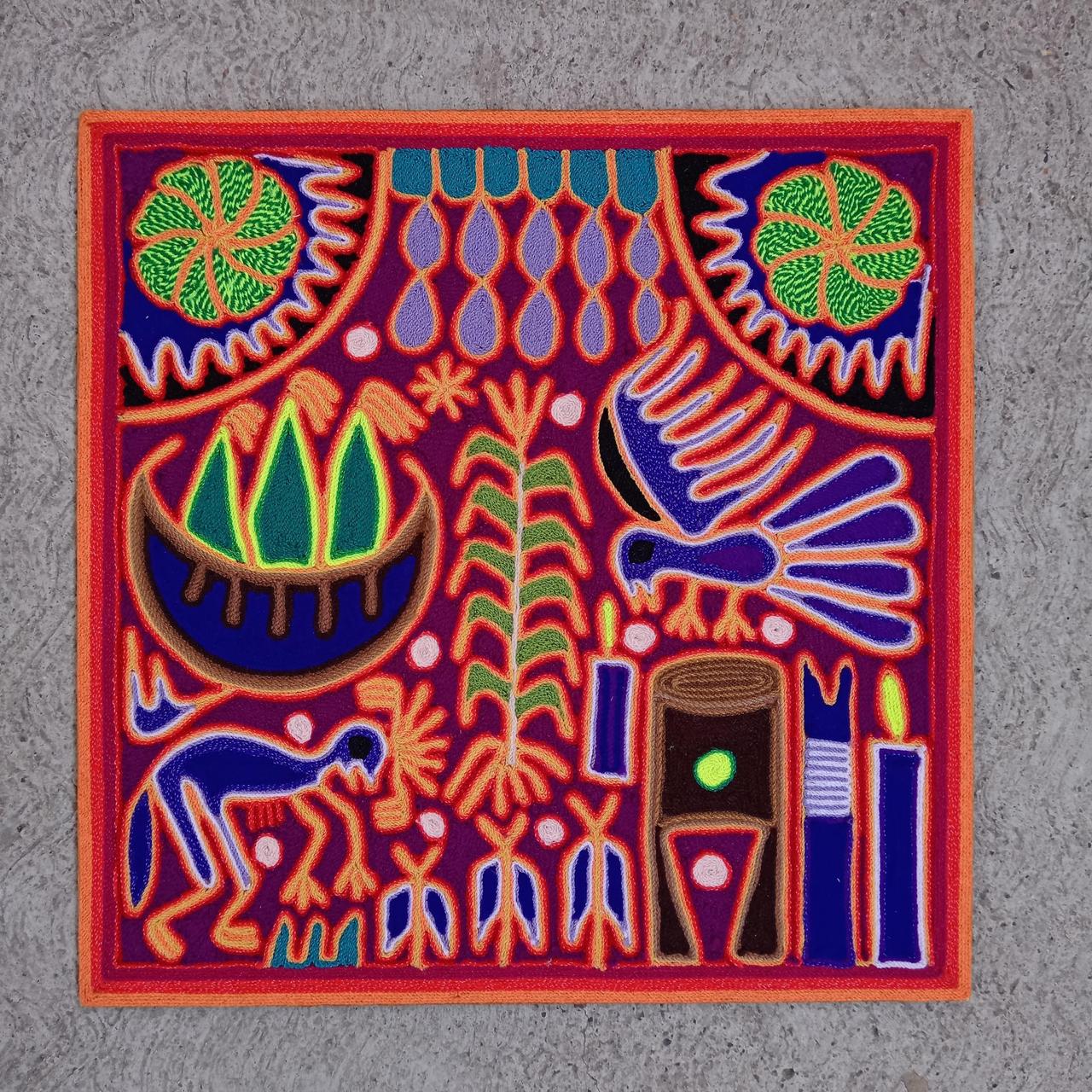 Mexican Folk Art Huichol Yarn Painting by Cooperativa Zitacua PP7984