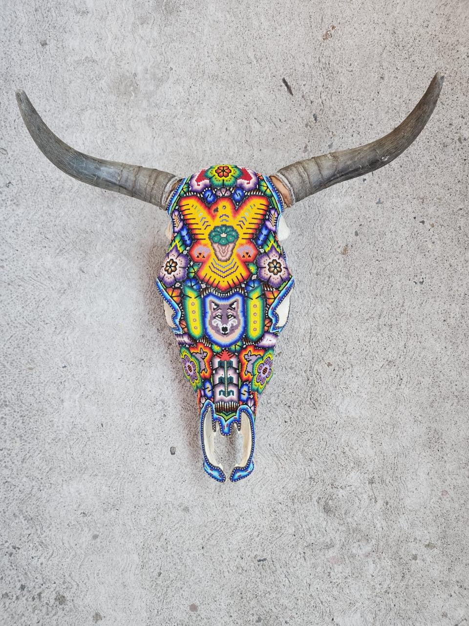 Mexican Folk Art Huichol Hand Beaded Bull Skull By Isandro Villa Lopez PP7970
