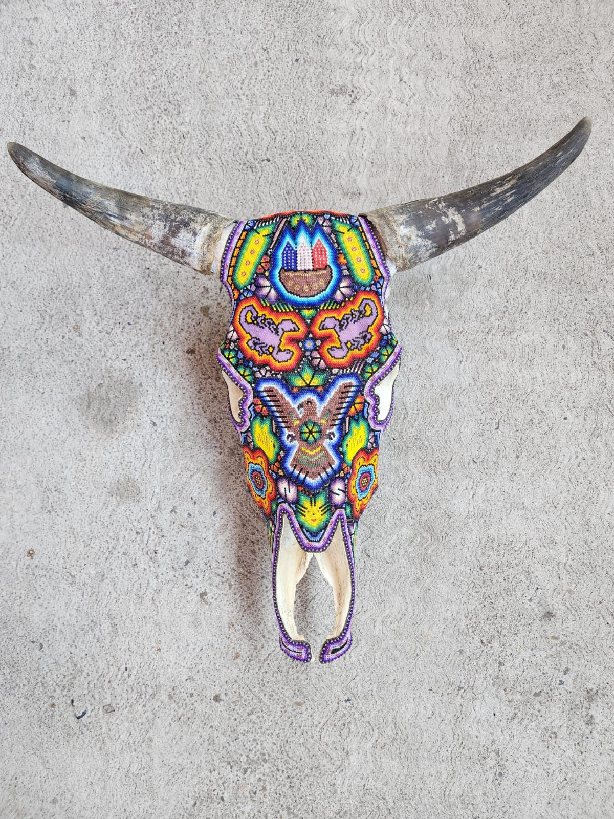 Mexican Folk Art Huichol Hand Beaded Bull Skull By Isandro Villa Lopez PP7971