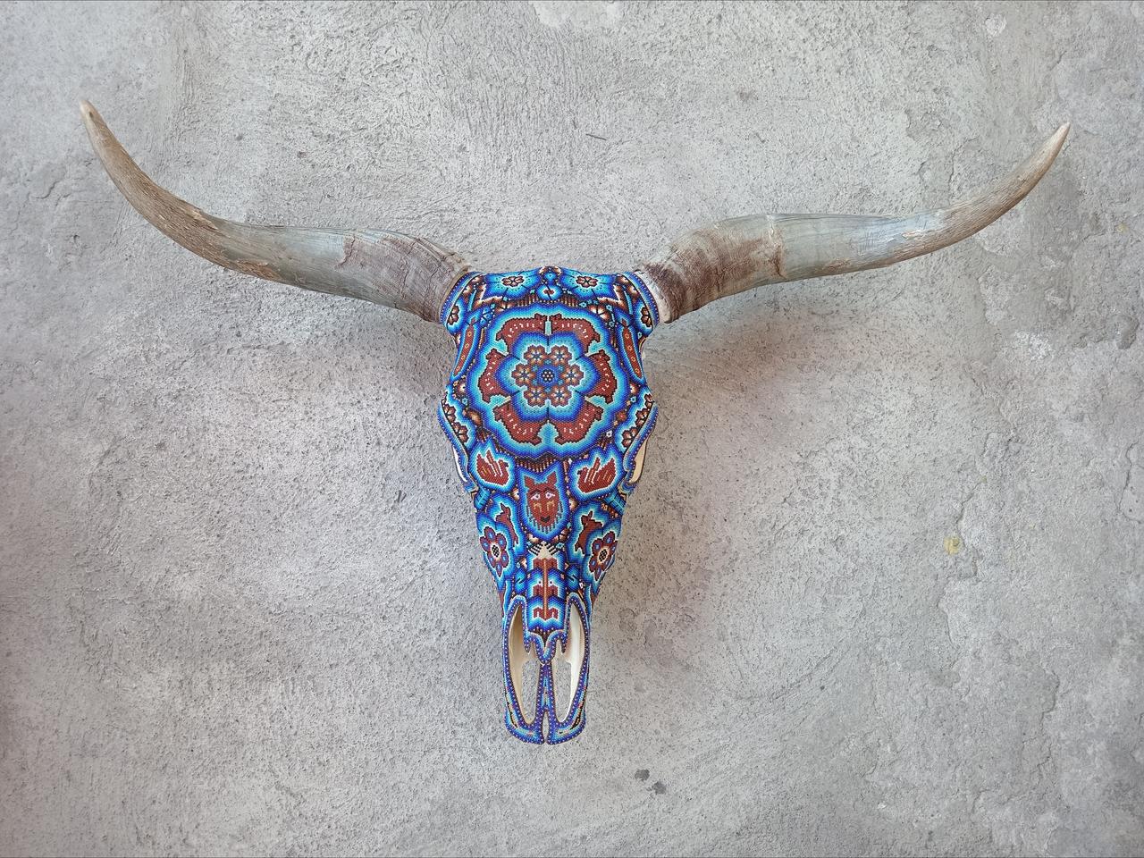 Mexican Folk Art Huichol Hand Beaded Bull Skull By Isandro Villa Lopez PP7972