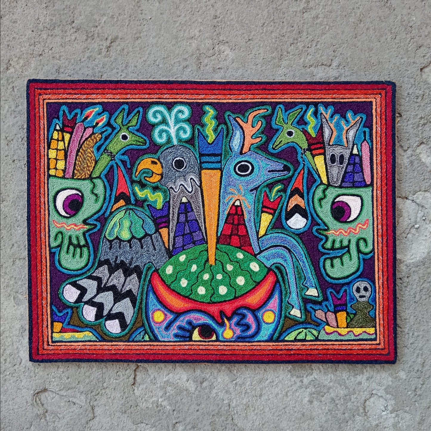 Mexican Folk Art Huichol Indian Yarn Painting by Luis Castro PP8023