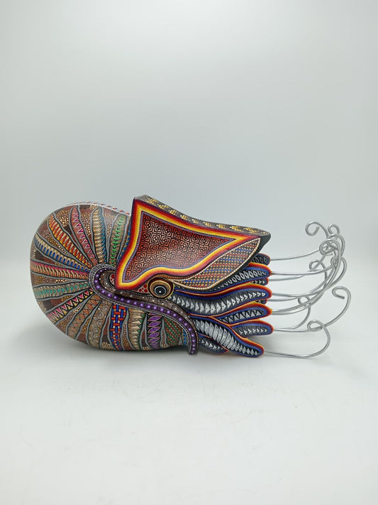 Oaxacan Wood Carving Nautilius by Manuel Cruz Prudencio PP8052