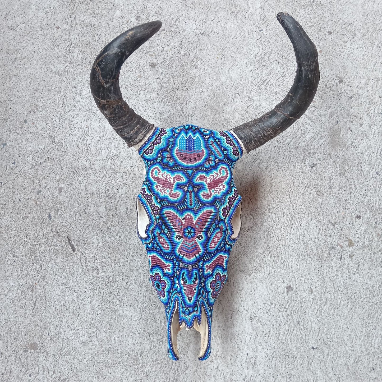 Mexican Folk Art Huichol Hand Beaded Bull Skull By Isandro Villa Lopez PP8172