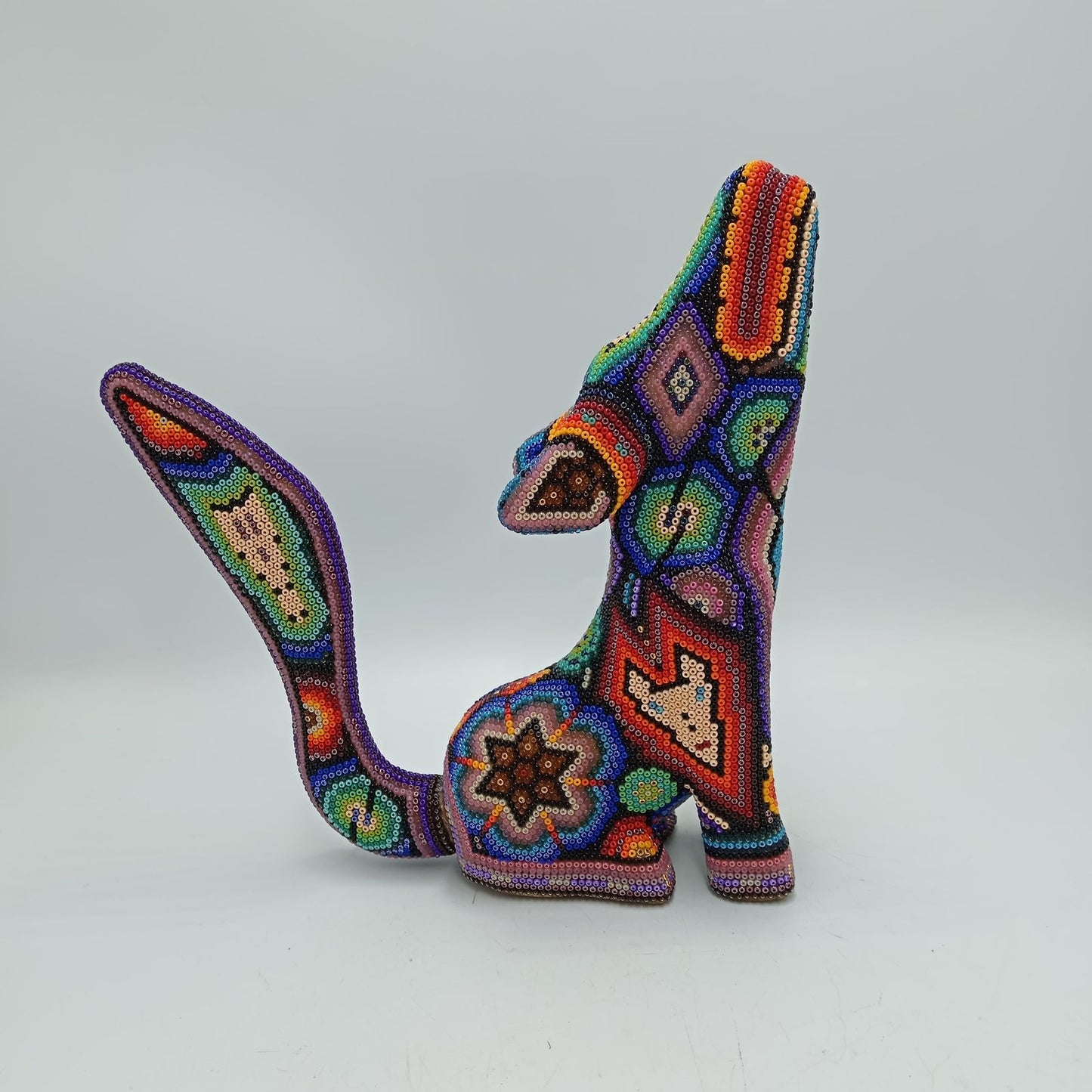 Mexican Huichol Hand Beaded Art, Coyote By Isandro Villa Lopez PP8176