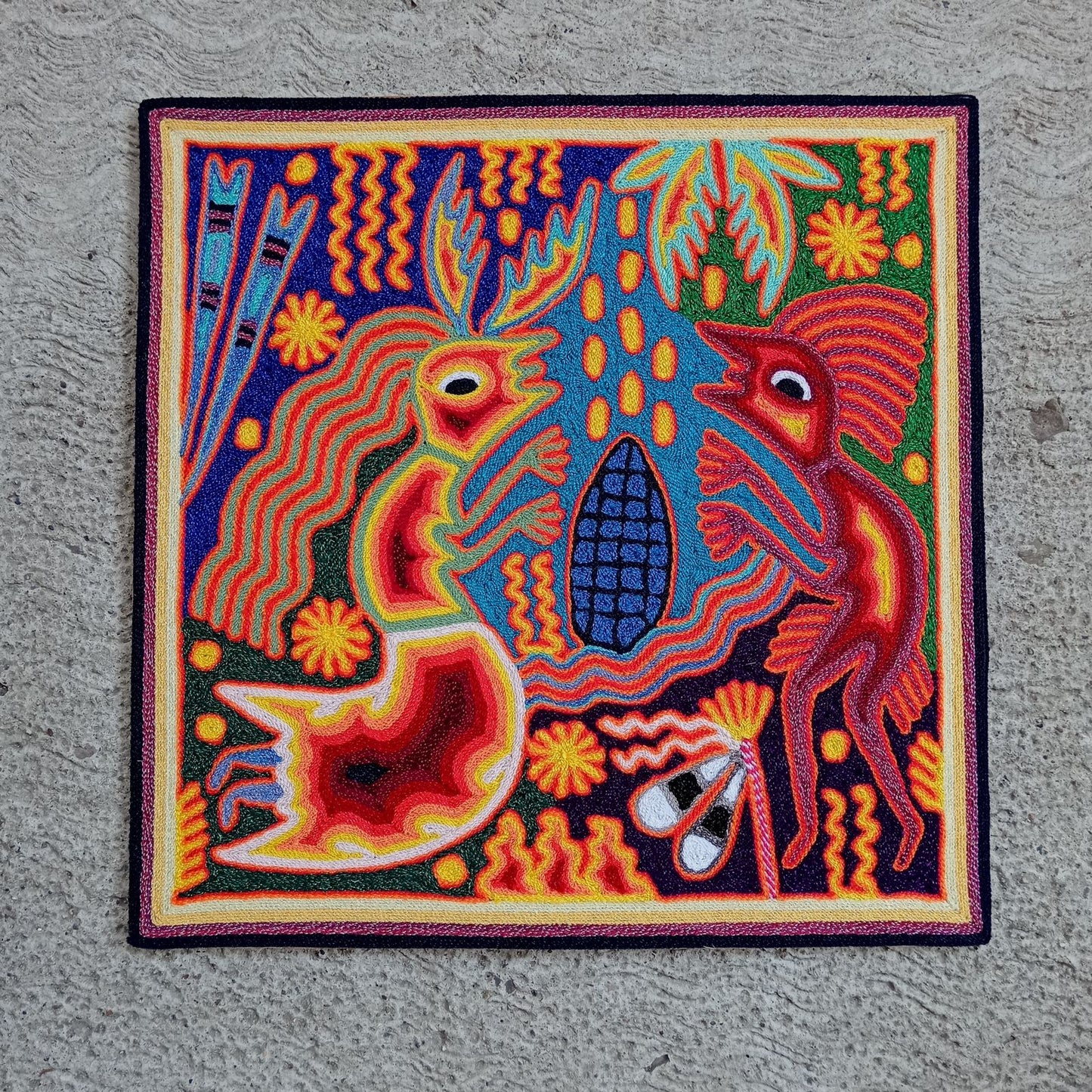 Huichol Mexican Folk Art Yarn Painting By Maximino Renteria PP8252