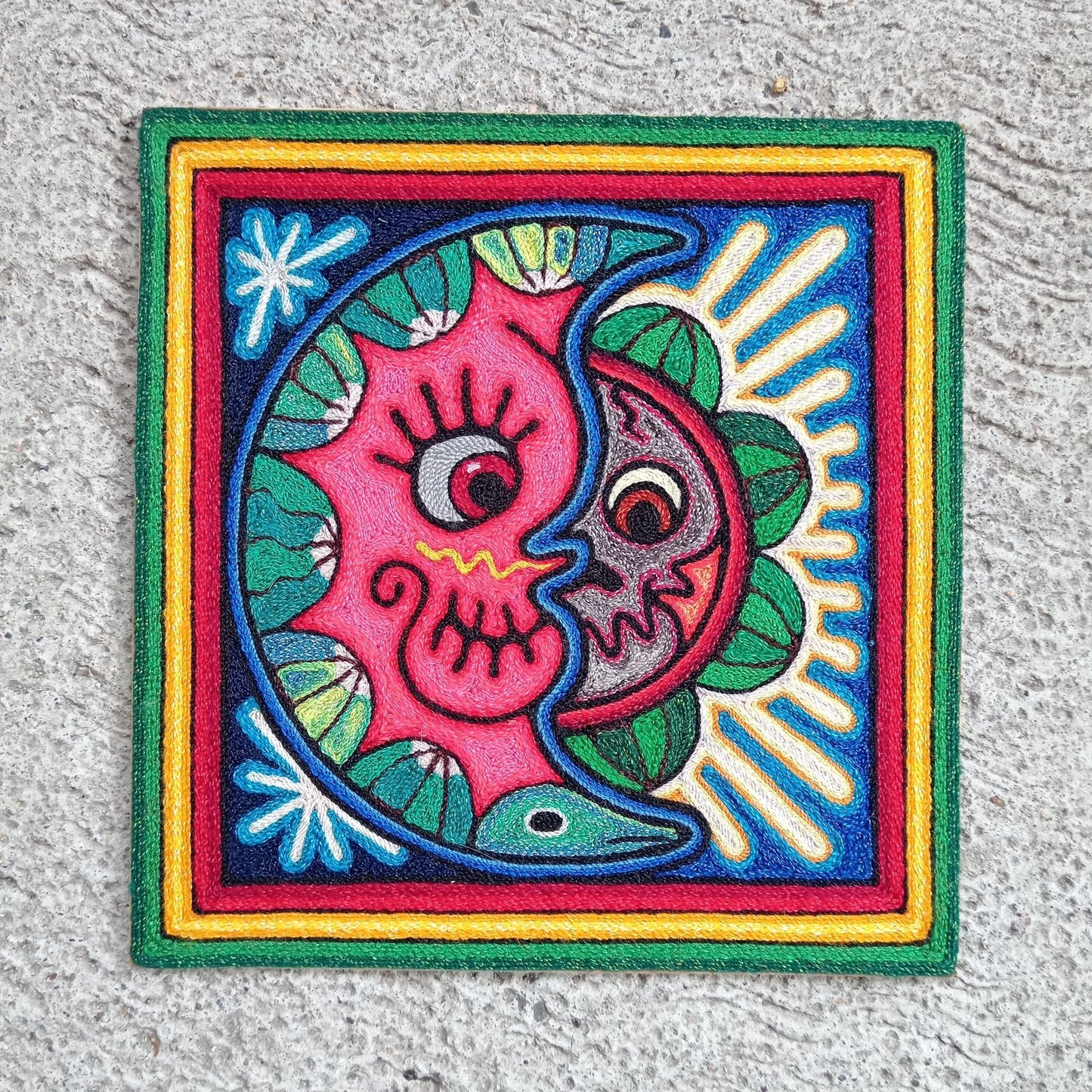 Mexican Folk Art Huichol Indian Yarn Painting by Luis Castro PP8256