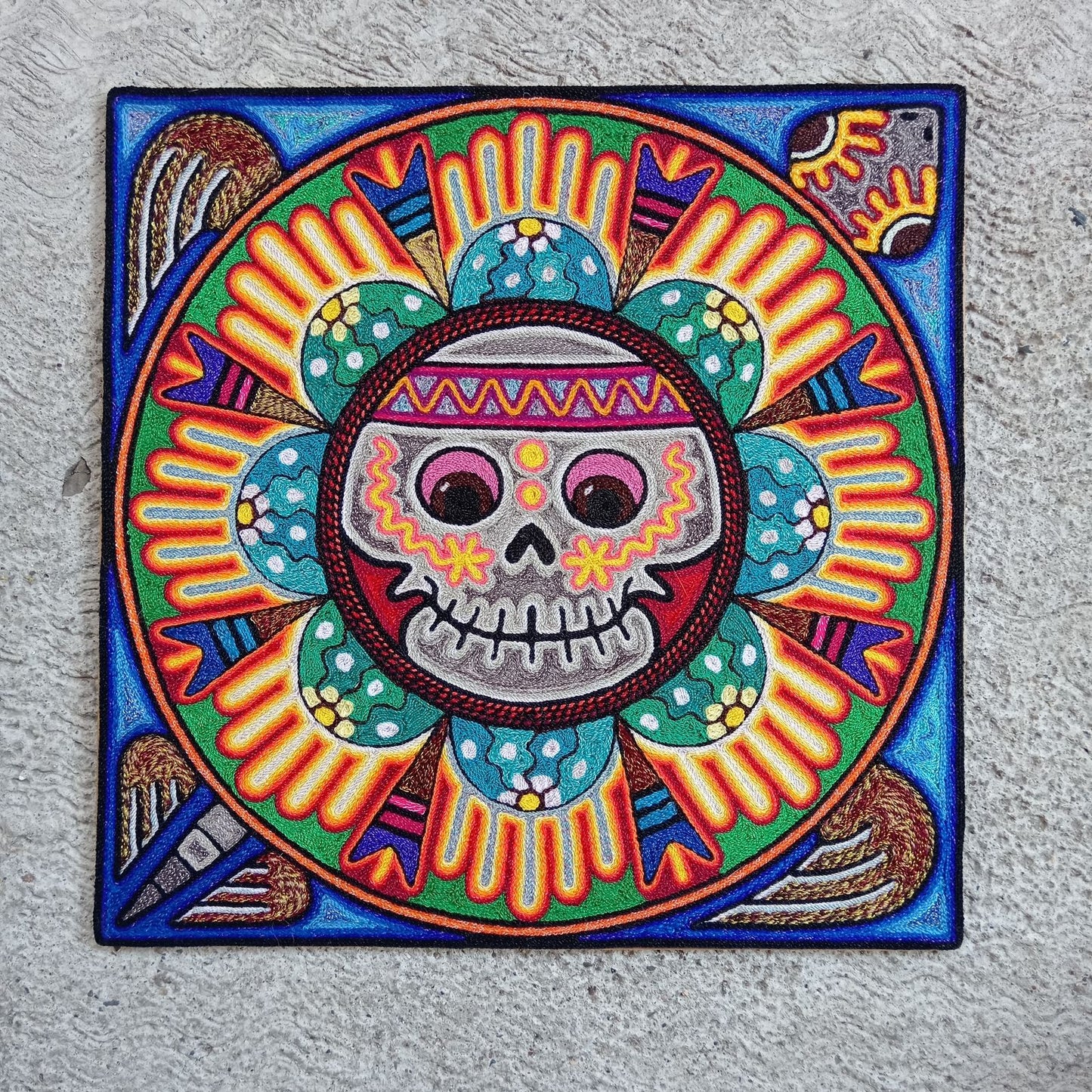 Mexican Folk Art Huichol Indian Yarn Painting by Luis Castro PP8267