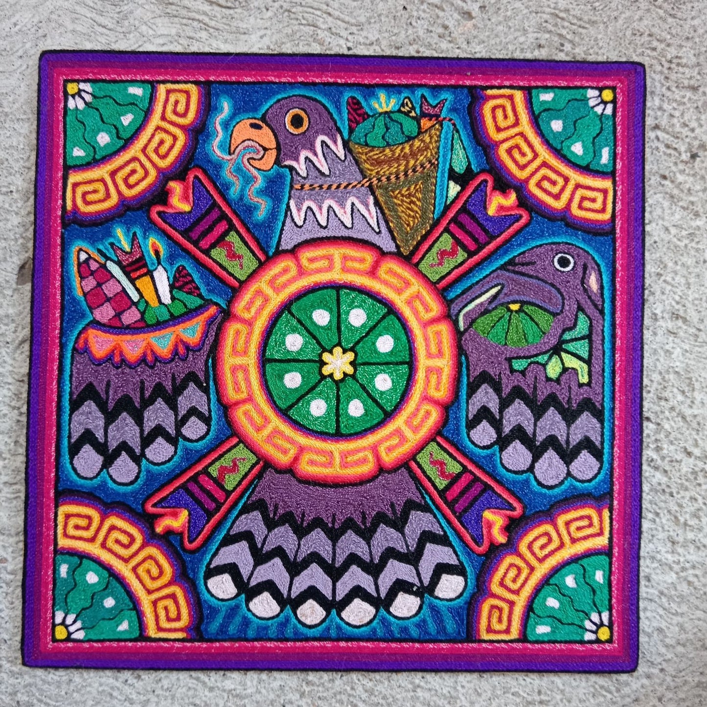 Mexican Folk Art Huichol Indian Yarn Painting by Luis Castro PP8270
