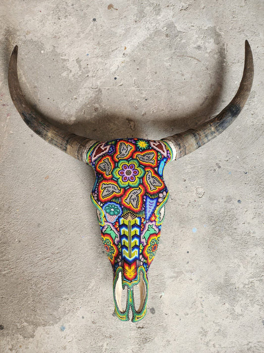 Mexican Folk Art Huichol Hand Beaded Bull Skull By Isandro Villa Lopez PP8353