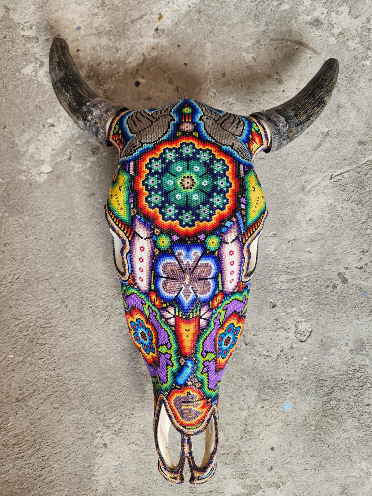 Mexican Folk Art Huichol Hand Beaded Bull Skull By Isandro Villa Lopez PP8354
