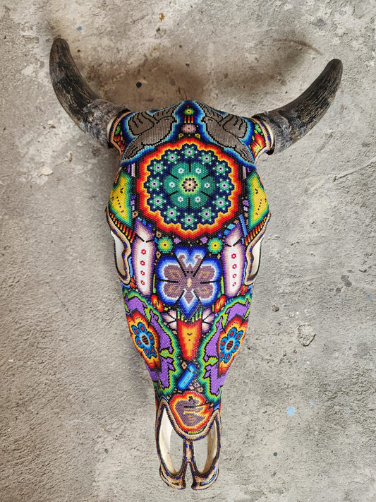 Mexican Folk Art Huichol Hand Beaded Bull Skull By Isandro Villa Lopez PP8354