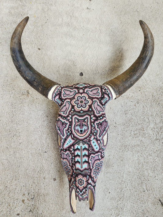 Mexican Folk Art Huichol Hand Beaded Bull Skull By Isandro Villa Lopez PP8355