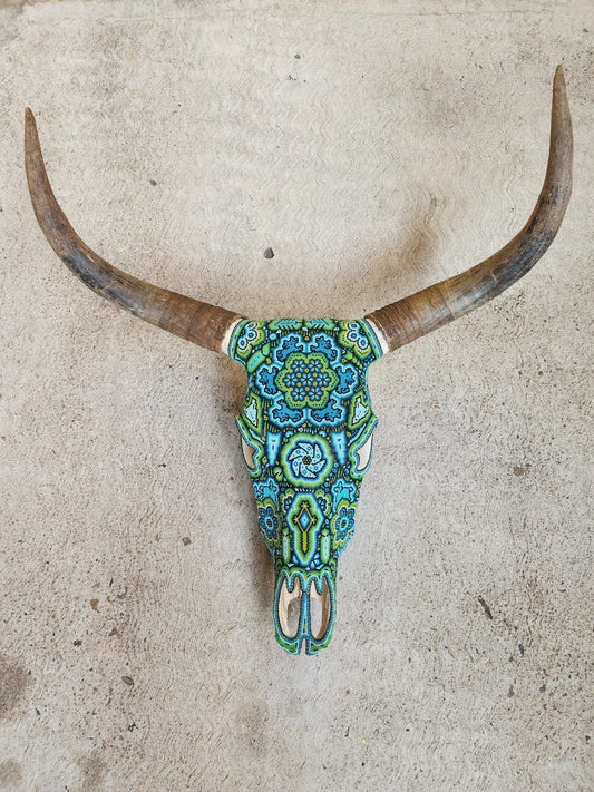 Mexican Folk Art Huichol Hand Beaded Bull Skull By Isandro Villa Lopez PP8356