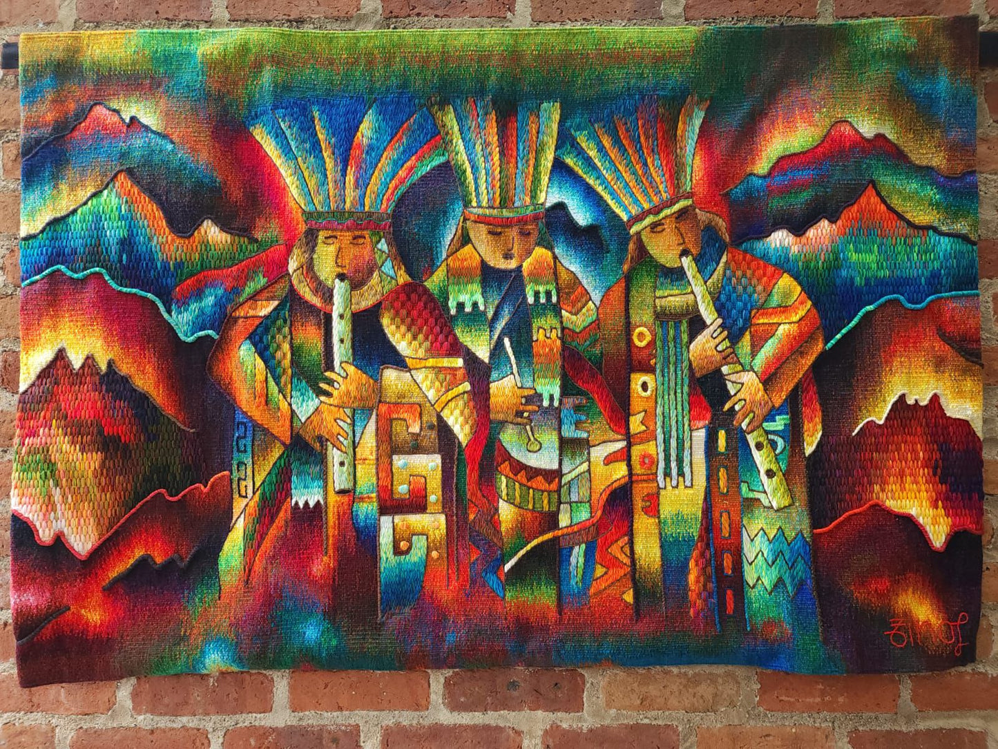 Hand Woven Alpaca Fiber Tapestry " Musicians Of The Wind" By Constantino Laura PP8373