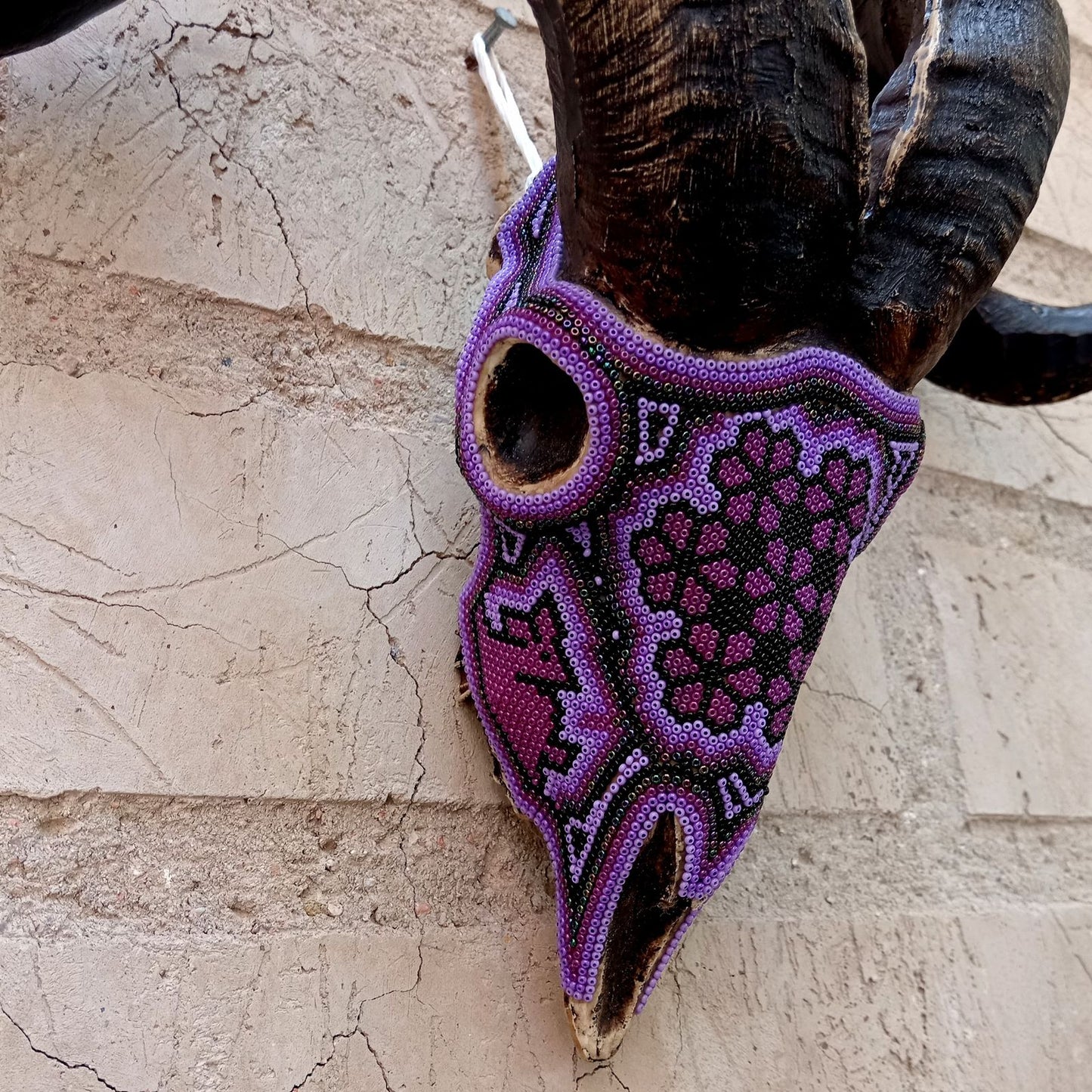 Huichol Indian Hand Beaded Cast Resin Sheep Skull By Morelia Lopez PP7422