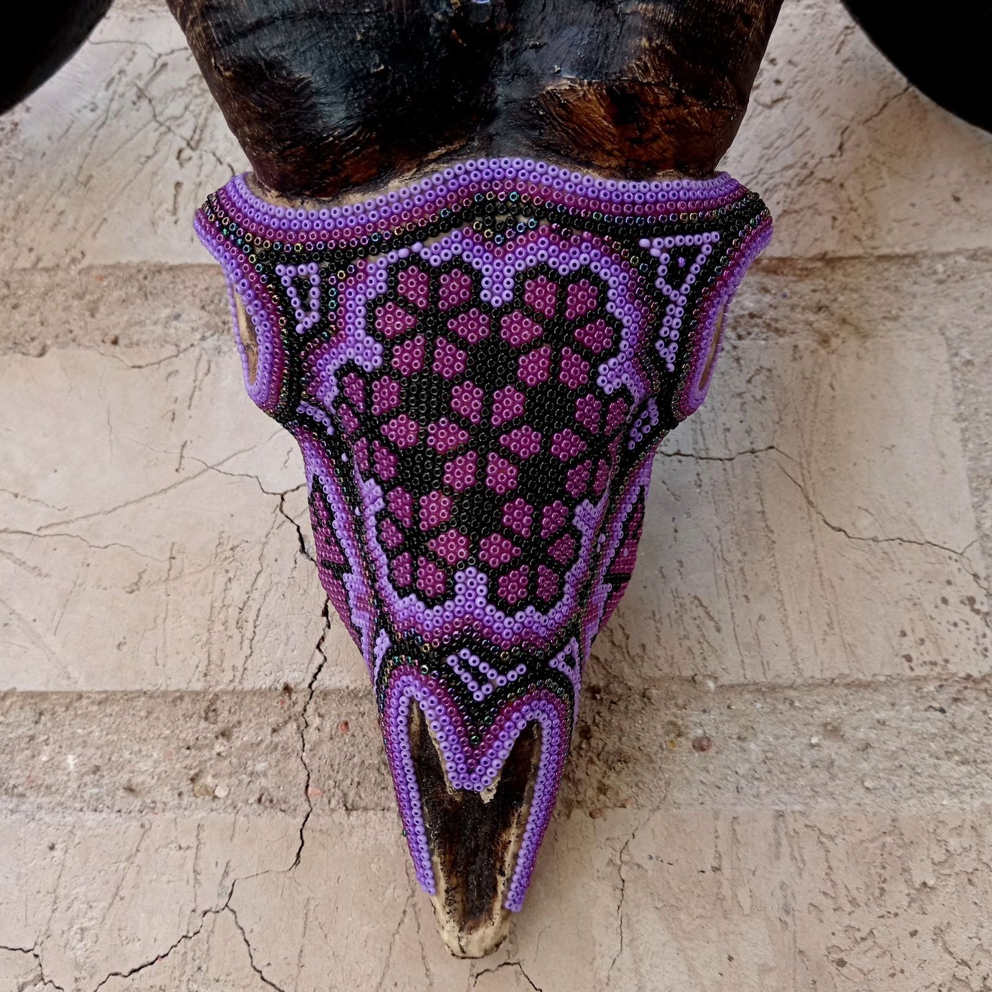 Huichol Indian Hand Beaded Cast Resin Sheep Skull By Morelia Lopez PP7422