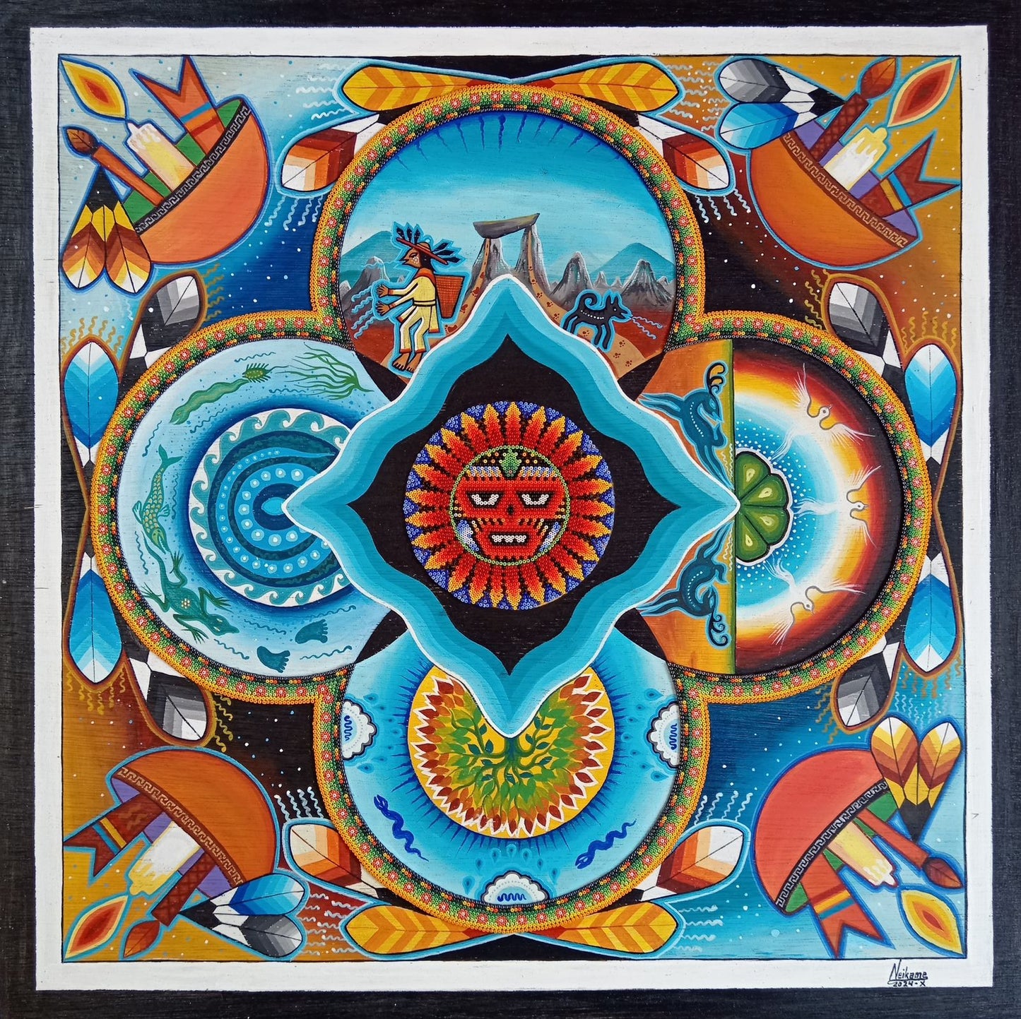 Huichol Mexican Folk Art Yarn Painting by Neikame PP7437