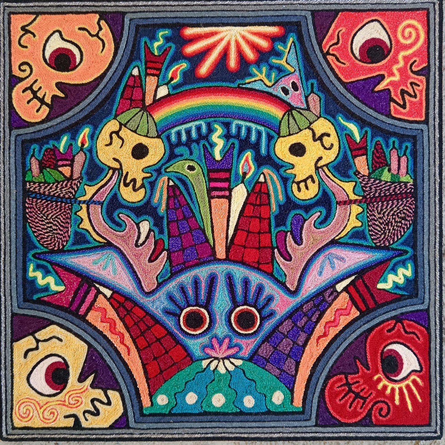 Mexican Folk Art Huichol Indian Yarn Painting by Luis Castro PP7463
