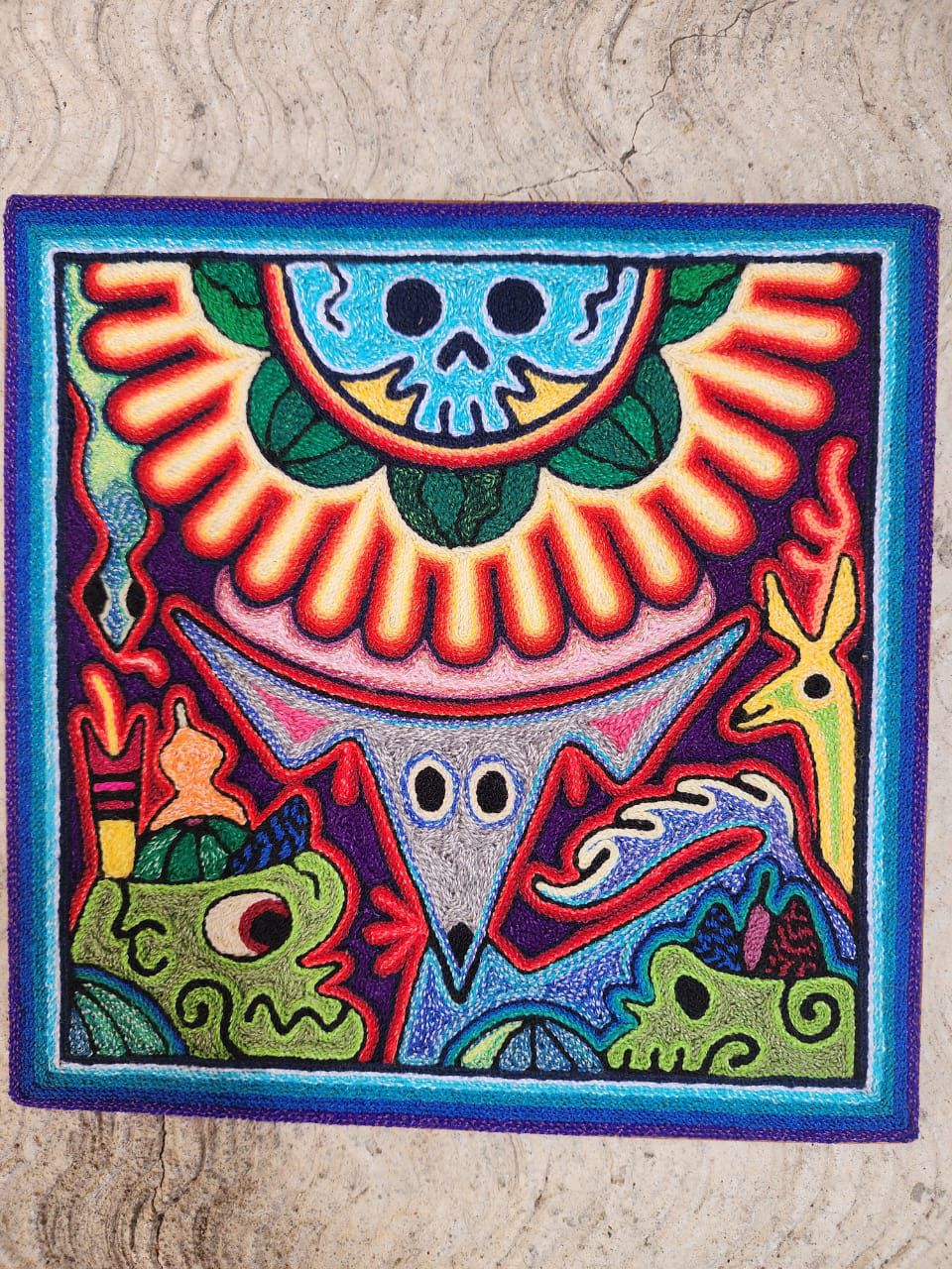 Mexican Folk Art Huichol Indian Yarn Painting by Luis Castro PP7470