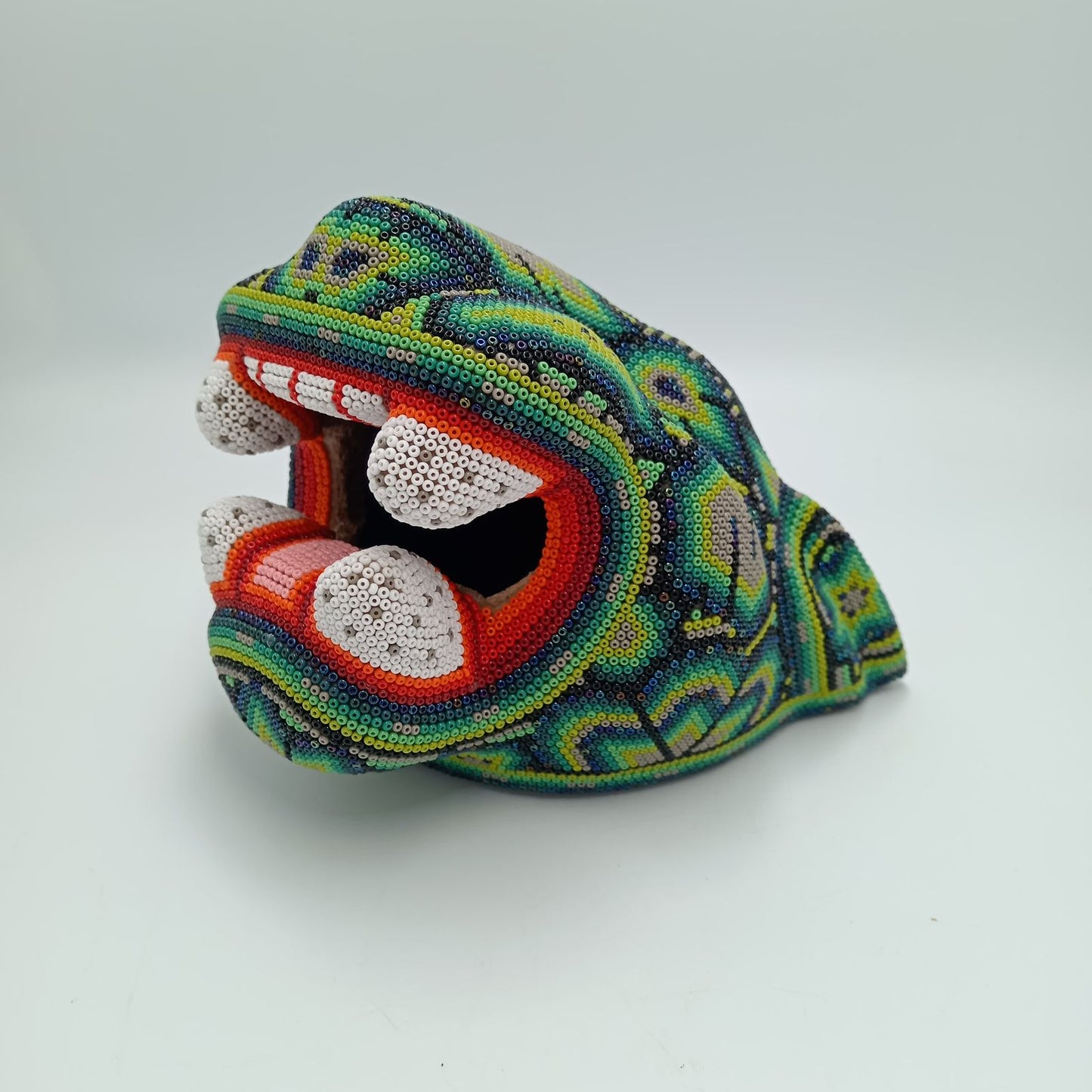 Mexican Folk Art Huichol Beaded Jaguar Head By Mayola Villa Lopez PP7482