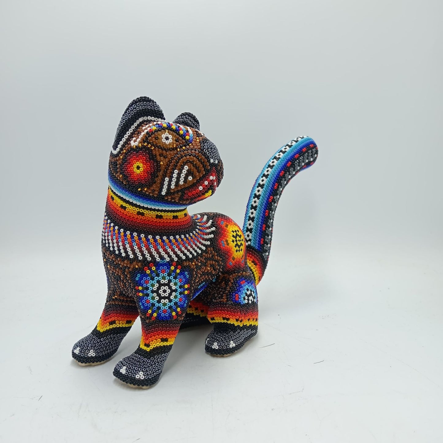 Huichol Hand Beaded Mexican Folk Art, Cat By Santos Bautista PP7839