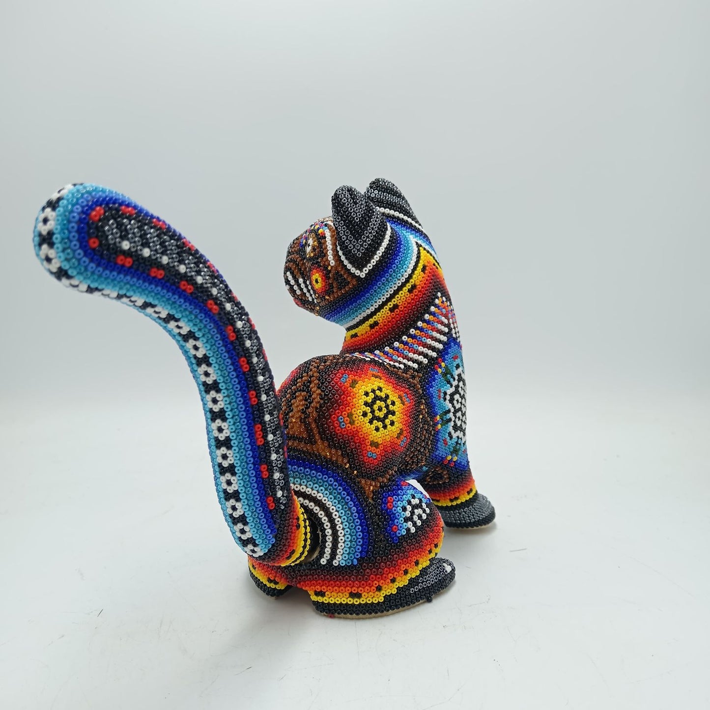 Huichol Hand Beaded Mexican Folk Art, Cat By Santos Bautista PP7839