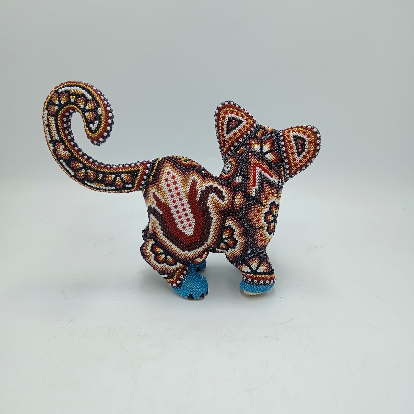Mexican Huichol Hand Beaded Art, Cat By Isandro Villa Lopez PP7840