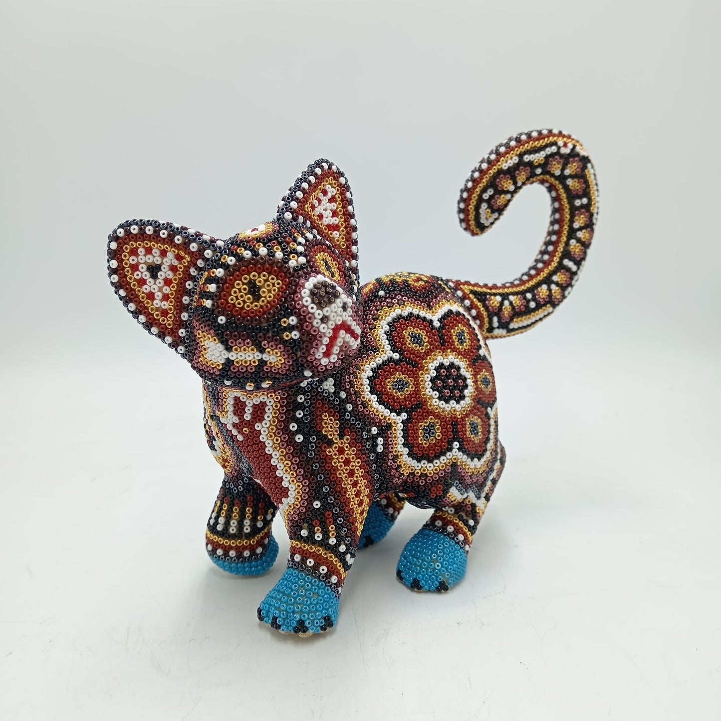 Mexican Huichol Hand Beaded Art, Cat By Isandro Villa Lopez PP7840