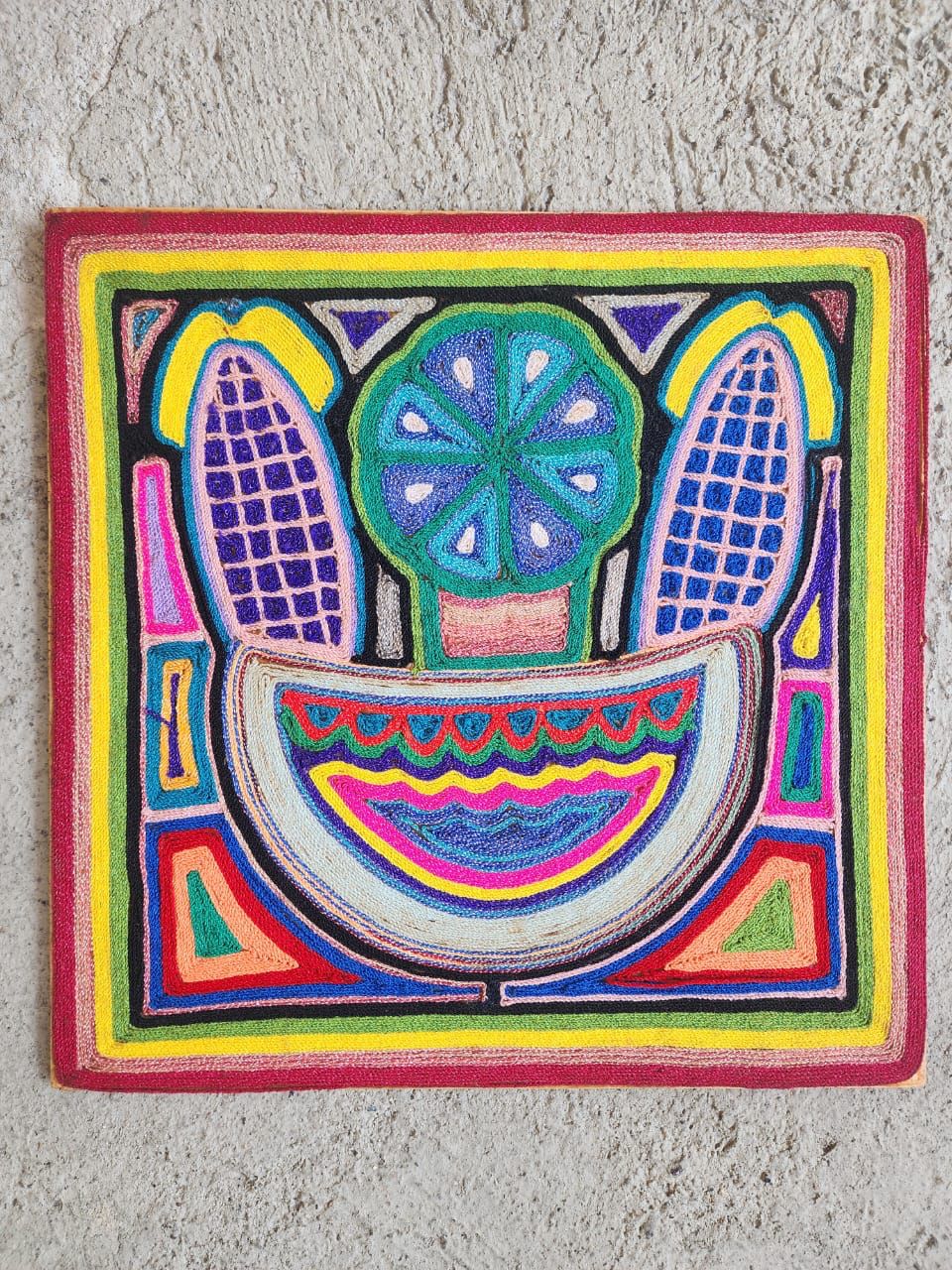 Huichol Indian Mexican Folk Art Yarn Painting by Jesus Jimenez PP7813