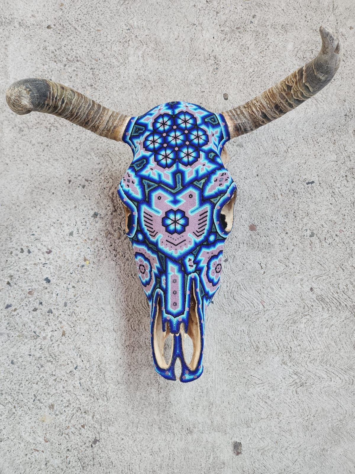 Huichol Bead Art Mexican Folk Art, Bull Skull By Mayola Villa Lopez PP7830