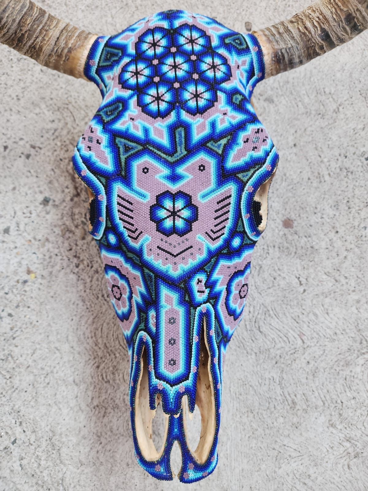 Huichol Bead Art Mexican Folk Art, Bull Skull By Mayola Villa Lopez PP7830