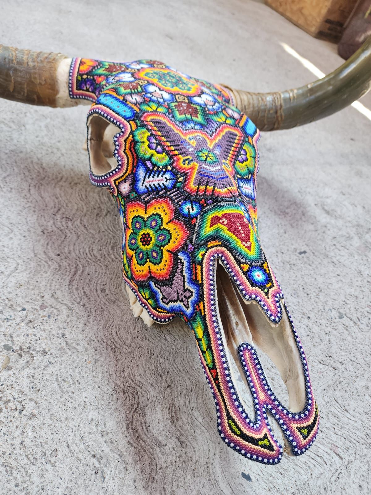 Hand Beaded Huichol Mexican Folk Art Bull Skull, By Isandro Villa Lopez PP7831