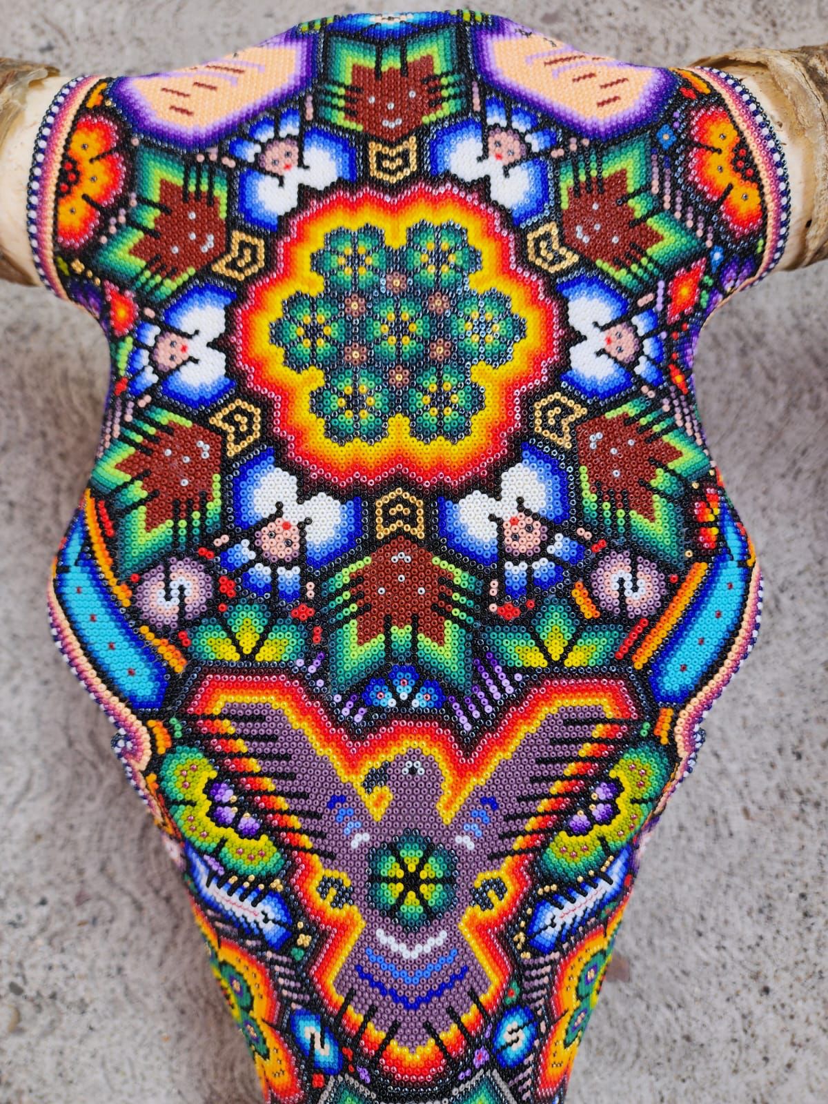 Hand Beaded Huichol Mexican Folk Art Bull Skull, By Isandro Villa Lopez PP7831