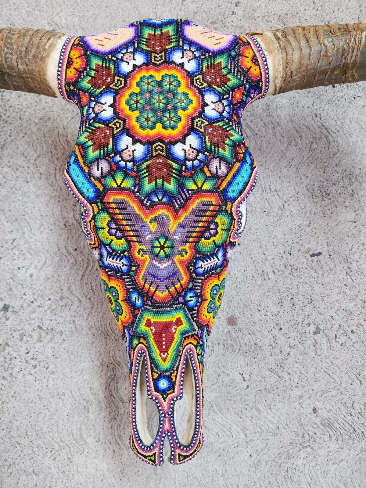 Hand Beaded Huichol Mexican Folk Art Bull Skull, By Isandro Villa Lopez PP7831