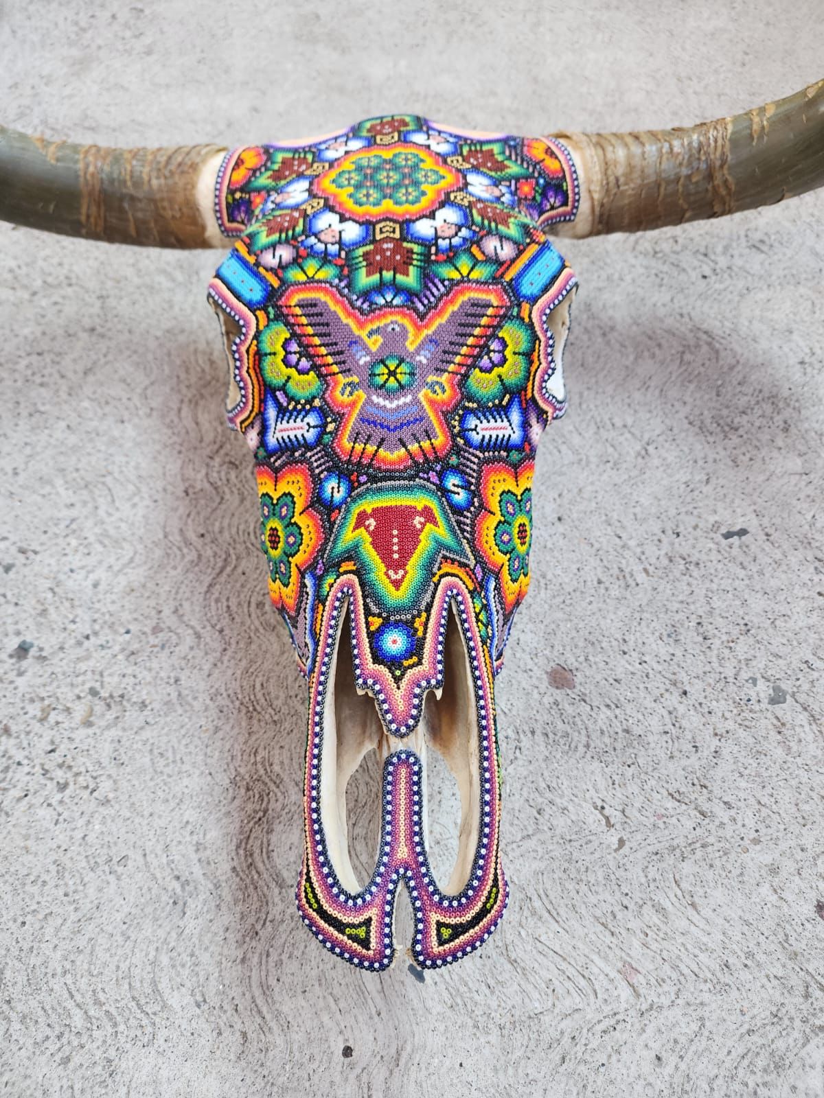 Hand Beaded Huichol Mexican Folk Art Bull Skull, By Isandro Villa Lopez PP7831