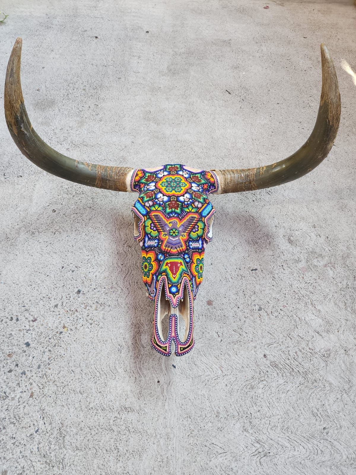 Hand Beaded Huichol Mexican Folk Art Bull Skull, By Isandro Villa Lopez PP7831
