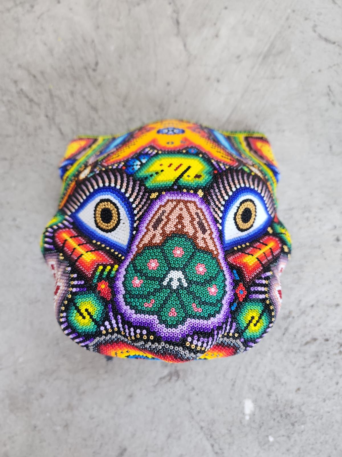 Huichol Mexican Hand Beaded Jaguar Head By Isandro Villa Lopez PP7838