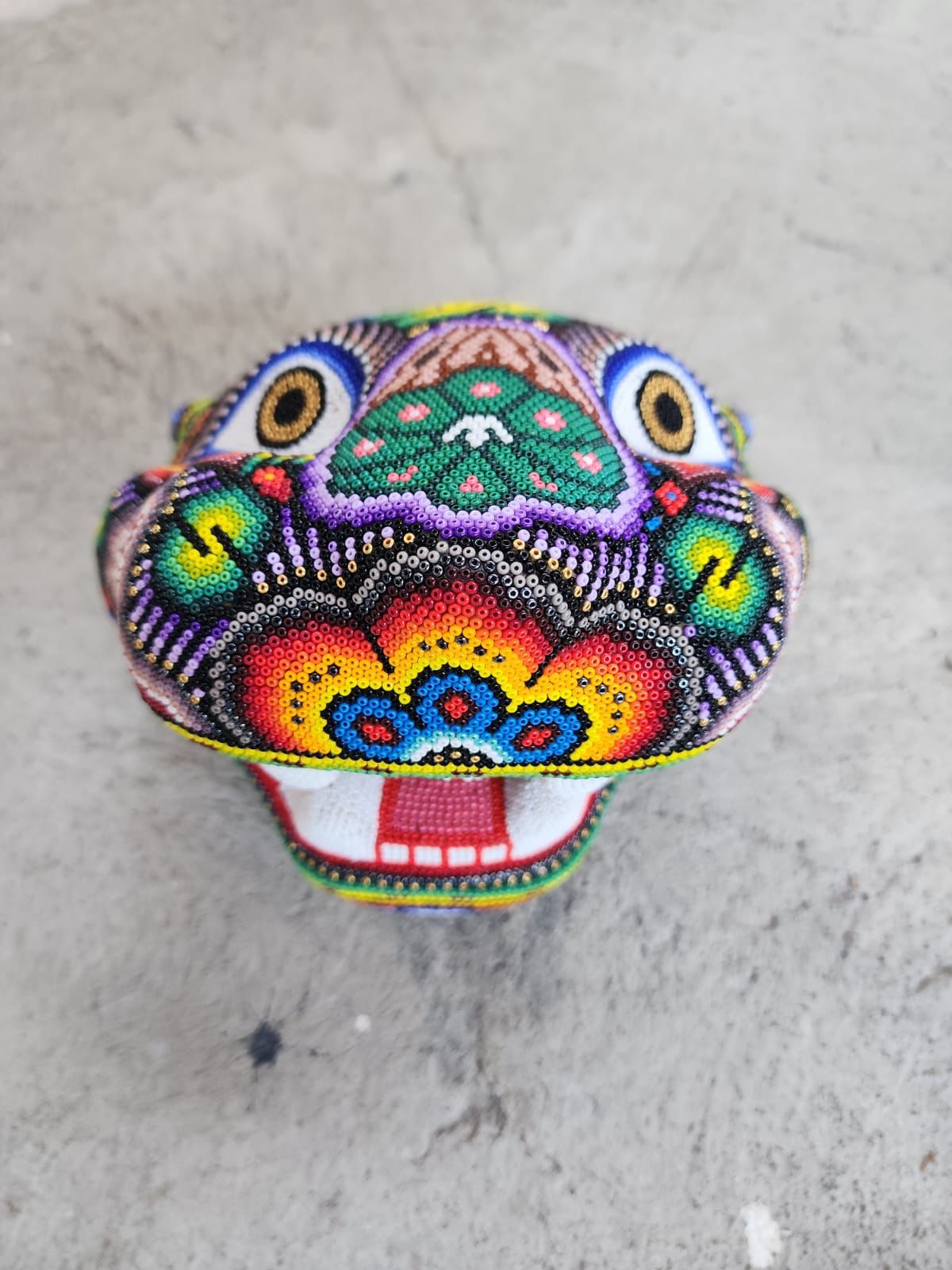 Huichol Mexican Hand Beaded Jaguar Head By Isandro Villa Lopez PP7838