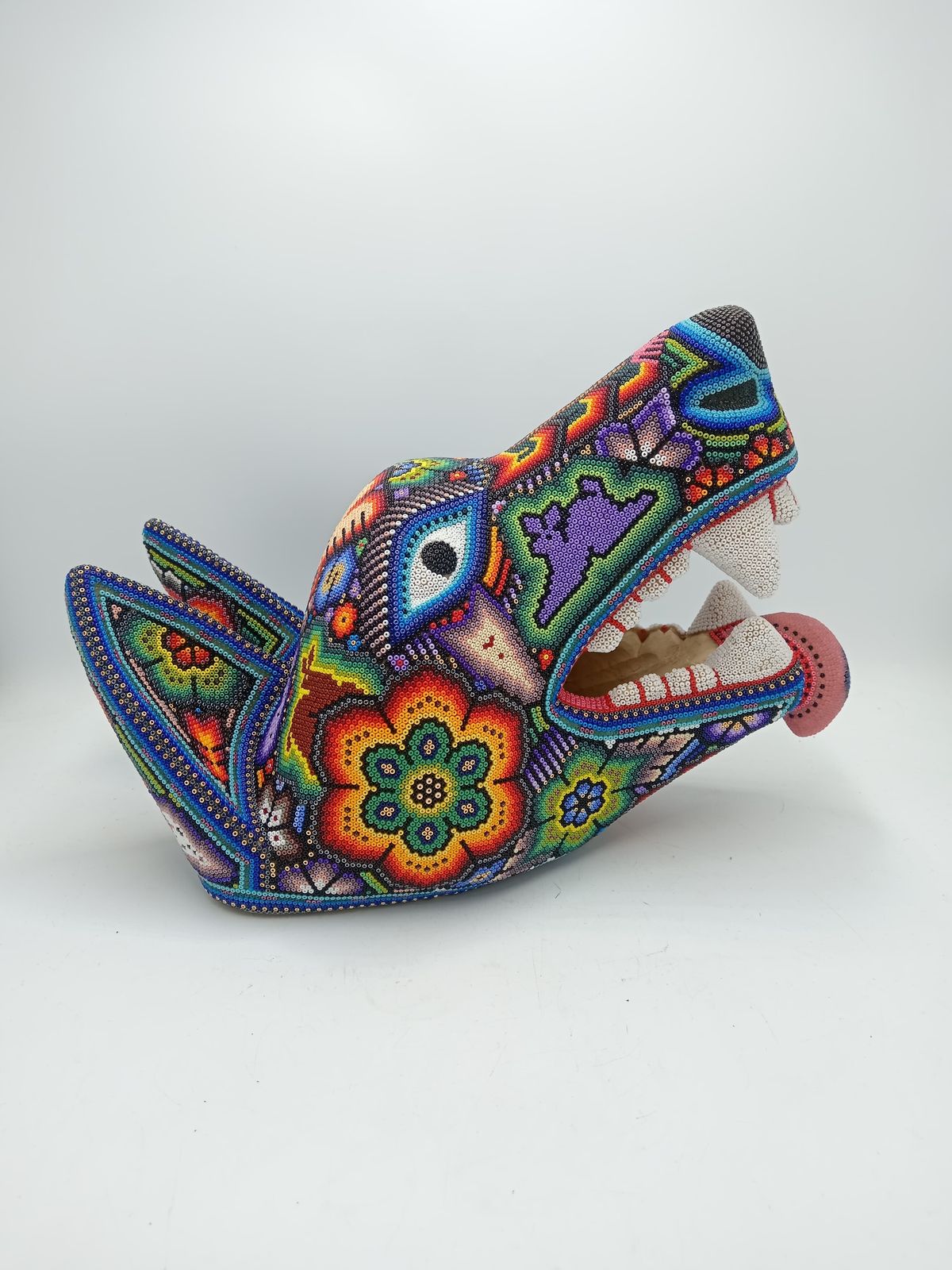 Mexican Huichol Hand Beaded Art, Wolf Head By Isandro Villa Lopez PP7854