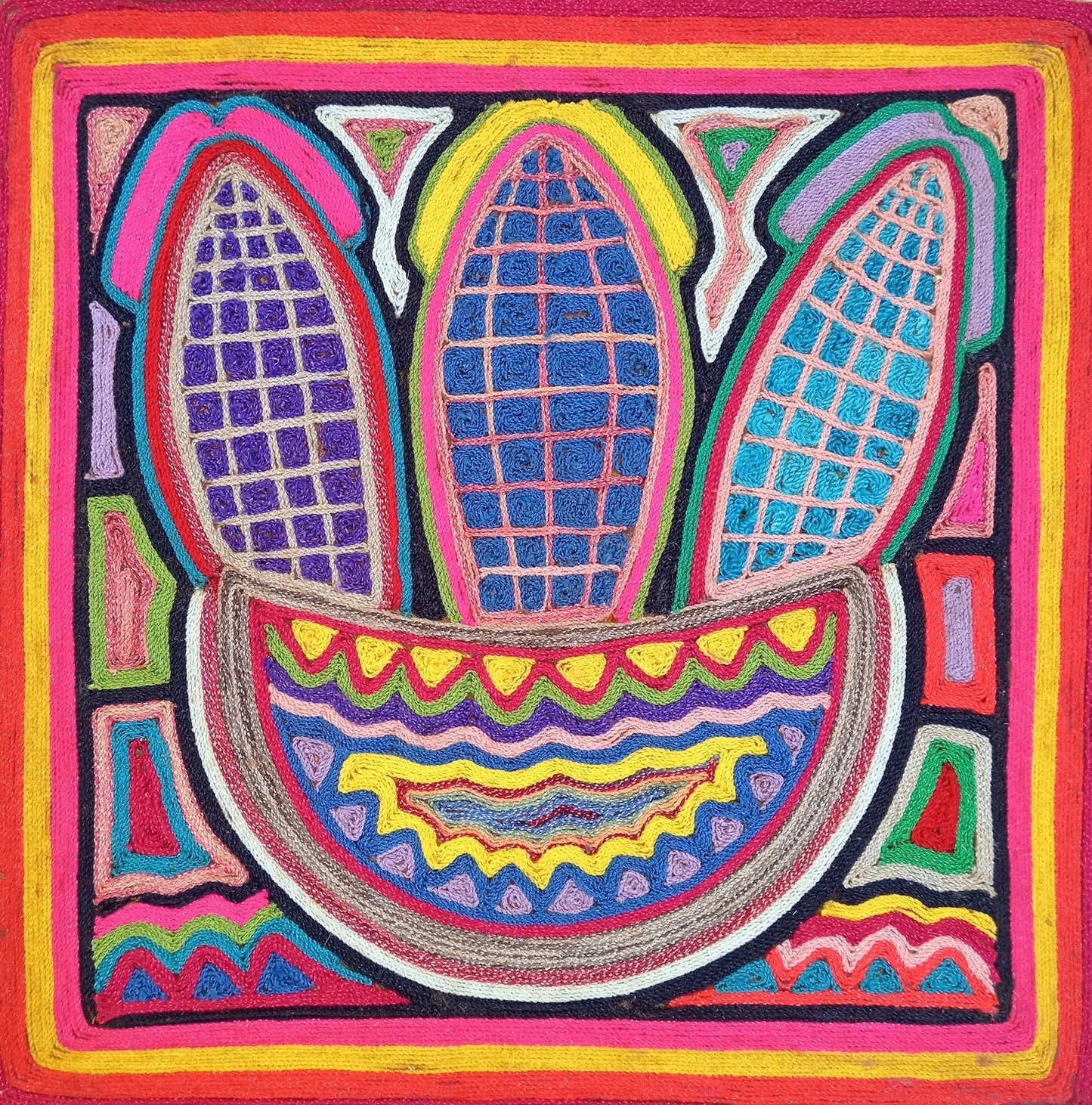 Huichol Indian Mexican Folk Art Yarn Painting by Jesus Jimenez PP7814