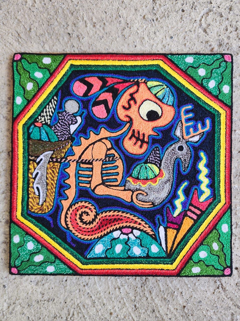 Mexican Folk Art Huichol Indian Yarn Painting by Luis Castro PP7897