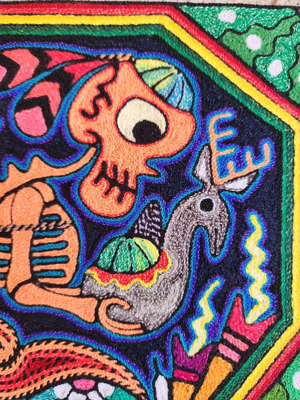 Mexican Folk Art Huichol Indian Yarn Painting by Luis Castro PP7897