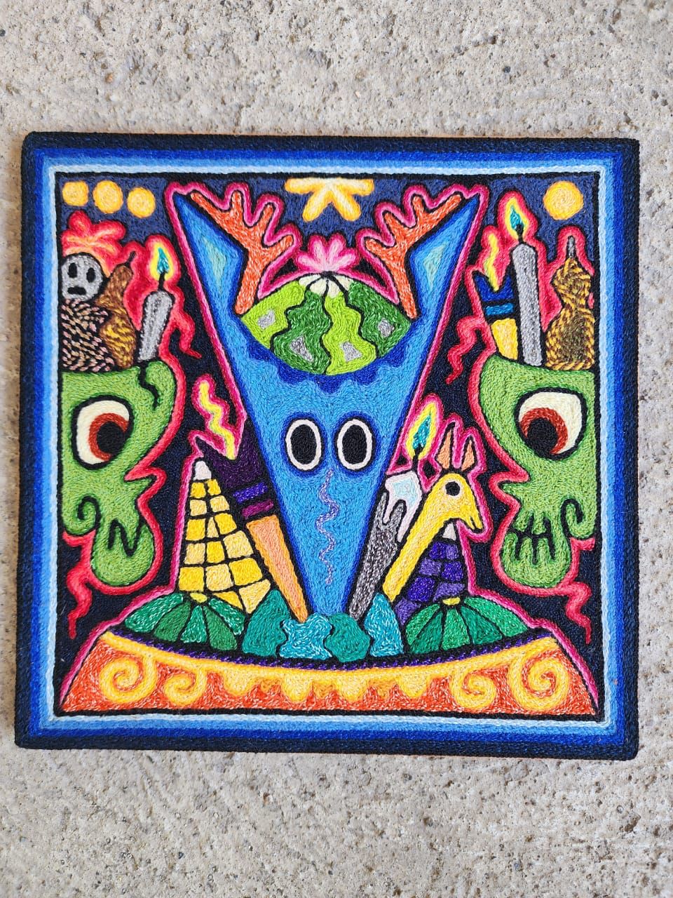 Mexican Folk Art Huichol Indian Yarn Painting by Luis Castro PP7899