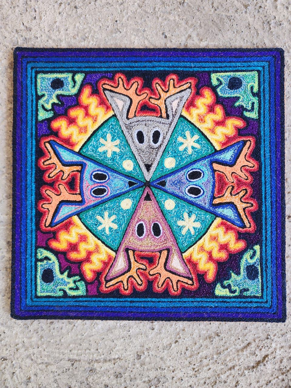 Mexican Folk Art Huichol Indian Yarn Painting by Luis Castro PP7900