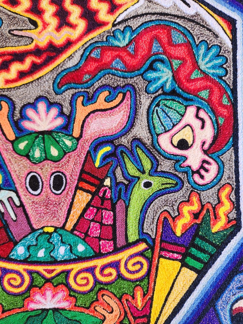 Mexican Folk Art Huichol Indian Yarn Painting by Luis Castro PP7902
