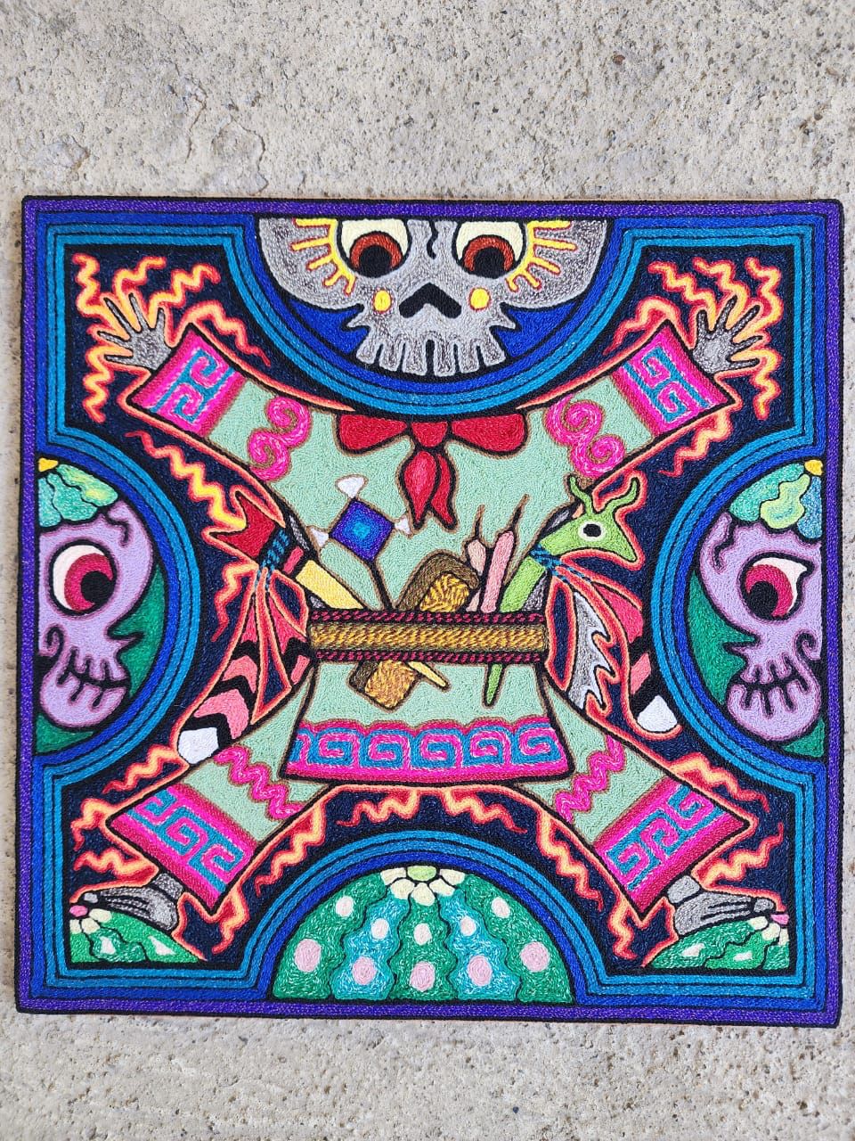 Mexican Folk Art Huichol Indian Yarn Painting by Luis Castro PP7903