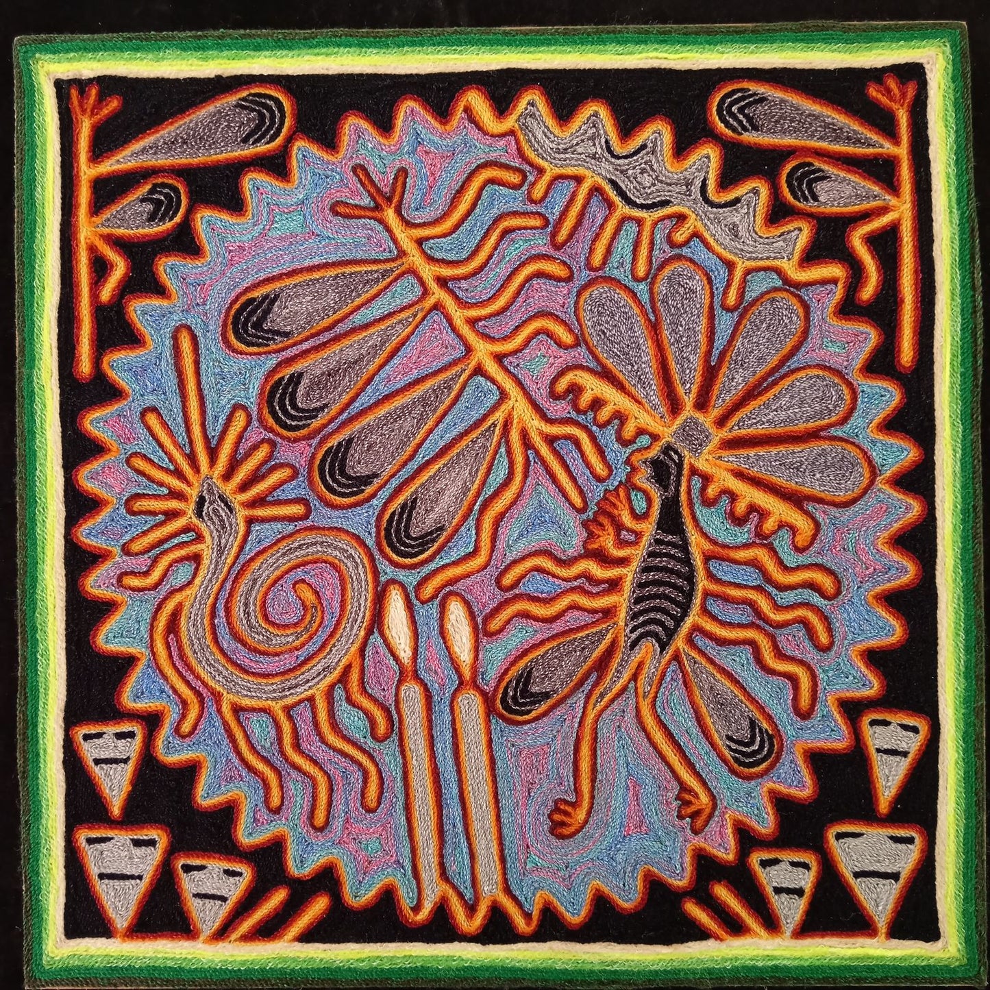 Huichol Indian Mexican Folk Art Yarn Painting By Silverio Gonzalez Rios PP7934