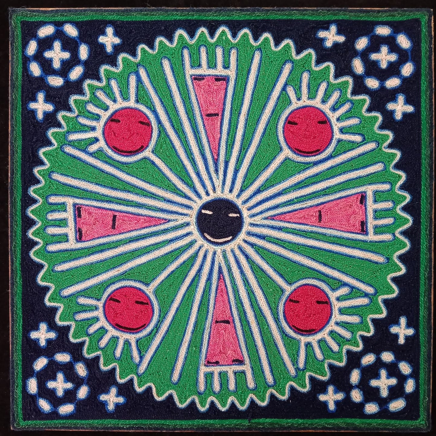 Huichol Indian Mexican Folk Art Yarn Painting By Silverio Gonzalez Rios PP7935