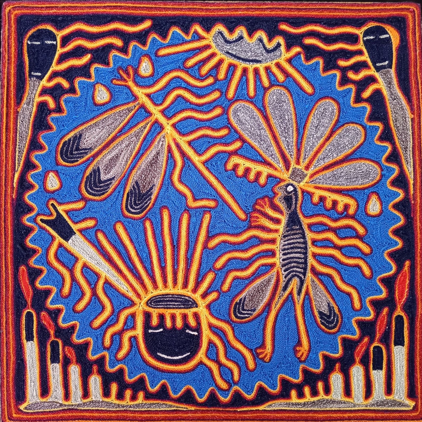 Huichol Indian Mexican Folk Art Yarn Painting By Silverio Gonzalez Rios PP7938